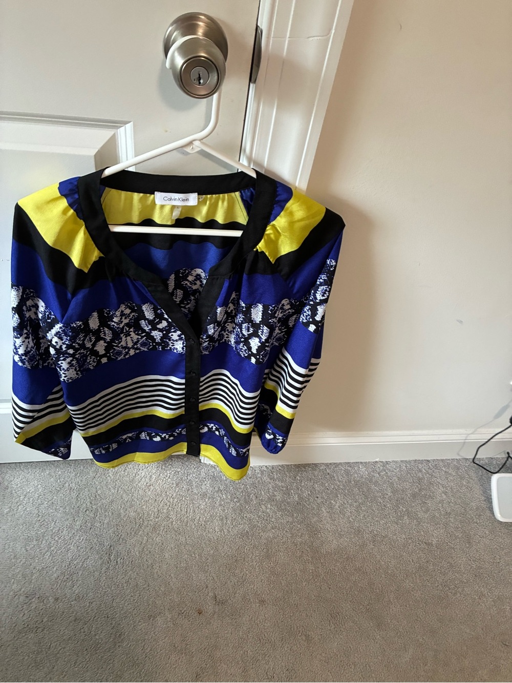 Calvin Klein Blue, Yellow and Black Patterned Women’s Blouse